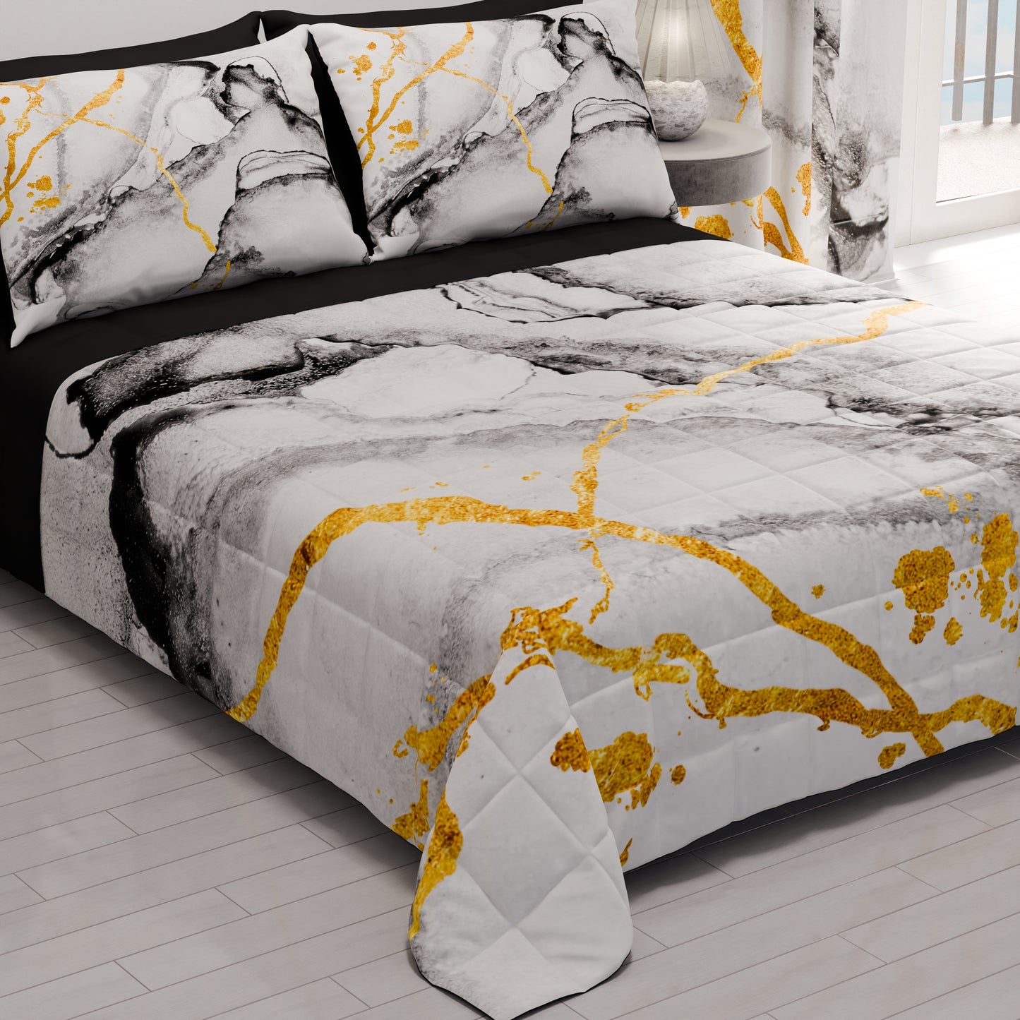 Spring Autumn Quilt Bedspread in Light Gray Marble Digital Print