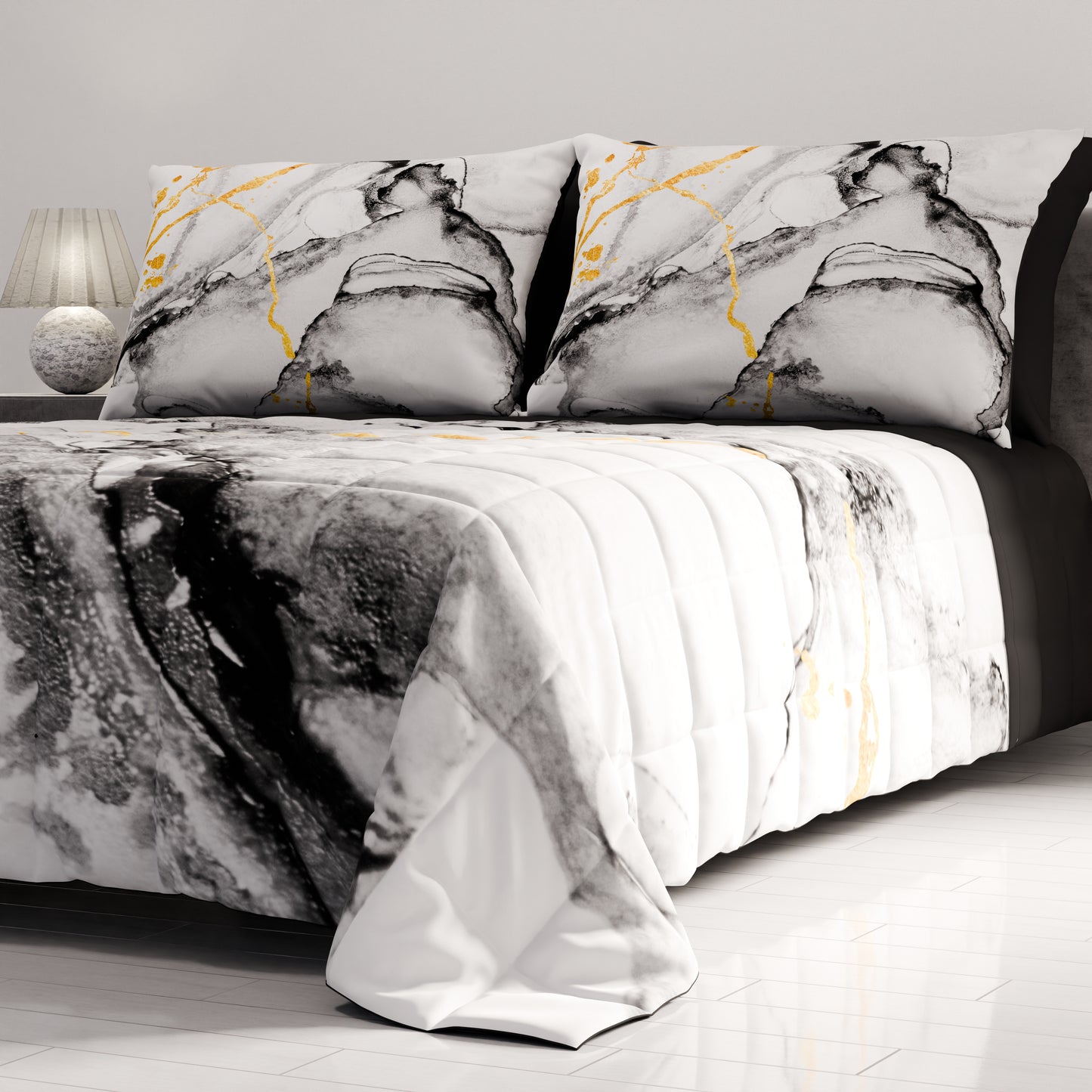 Spring Autumn Quilt Bedspread in Light Gray Marble Digital Print