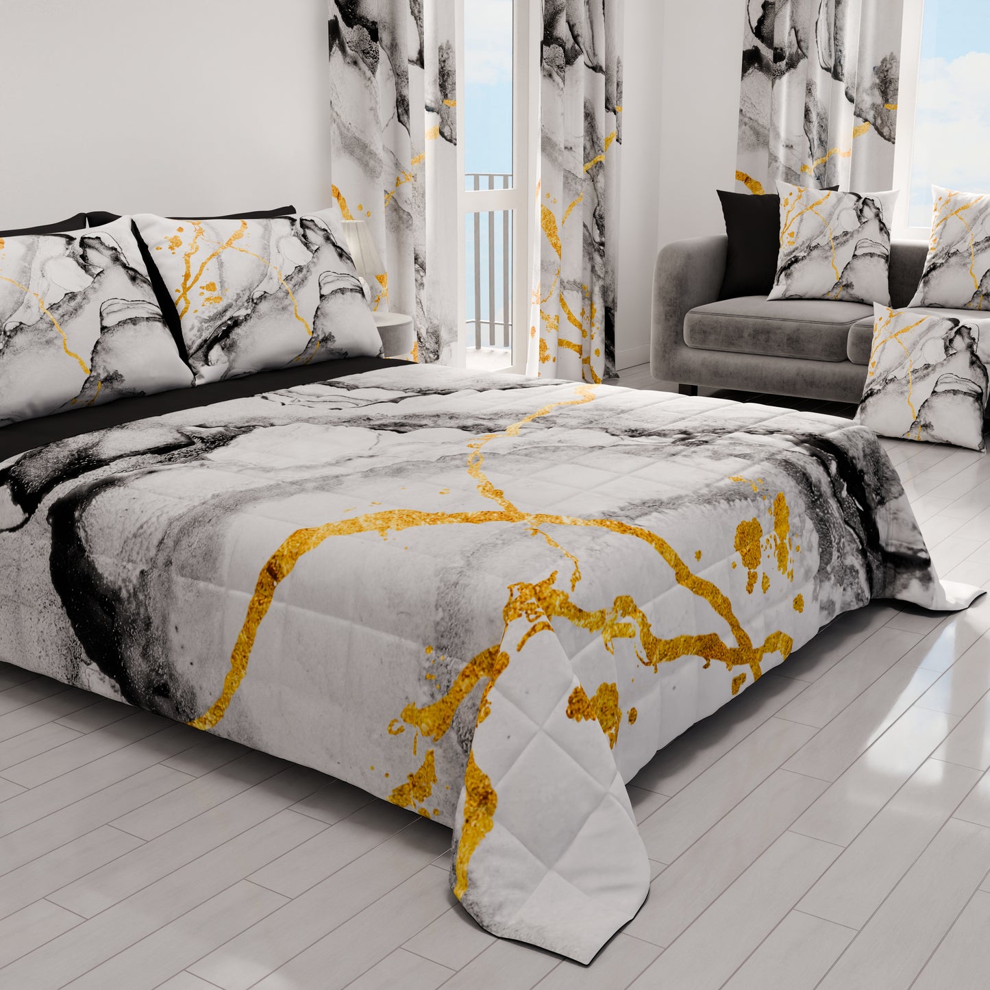 Spring Autumn Quilt Bedspread in Light Gray Marble Digital Print