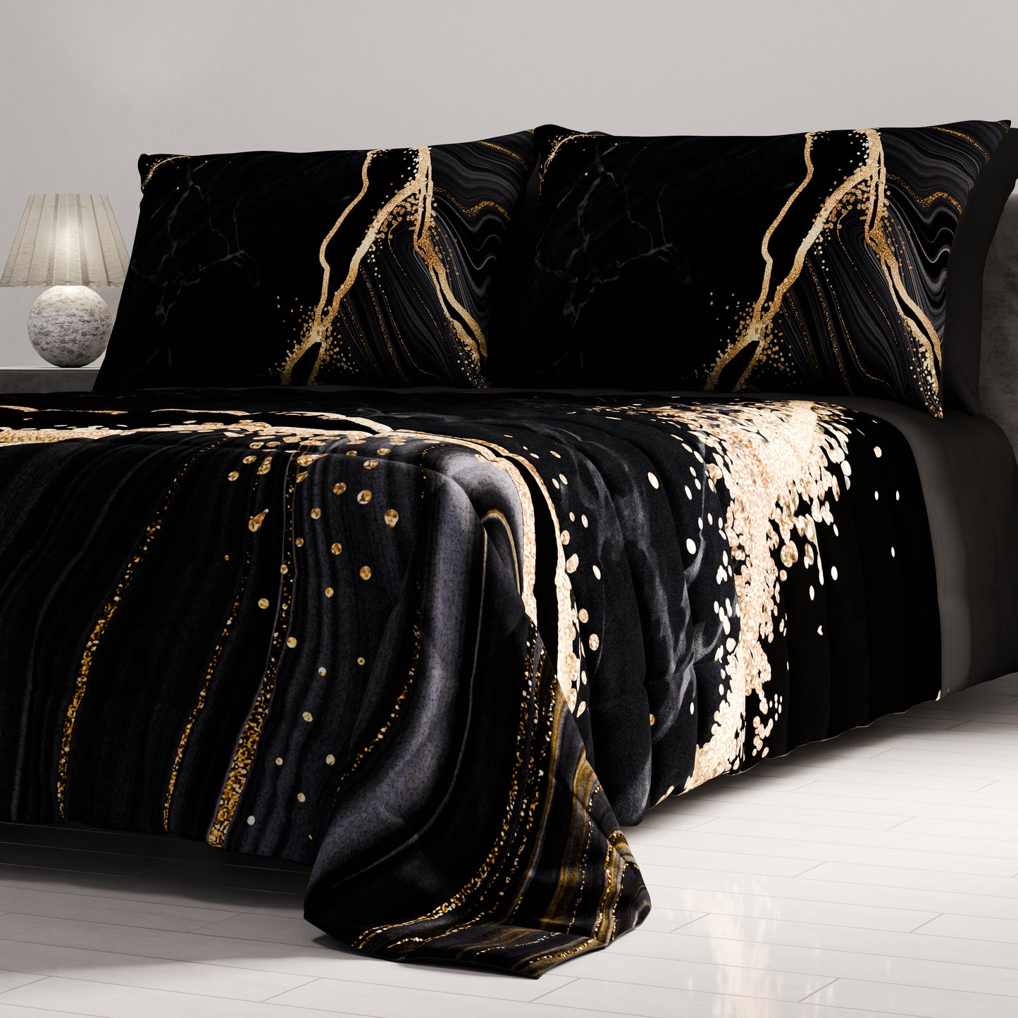 Spring Autumn Bedspread Quilt in Black Marble Digital Print