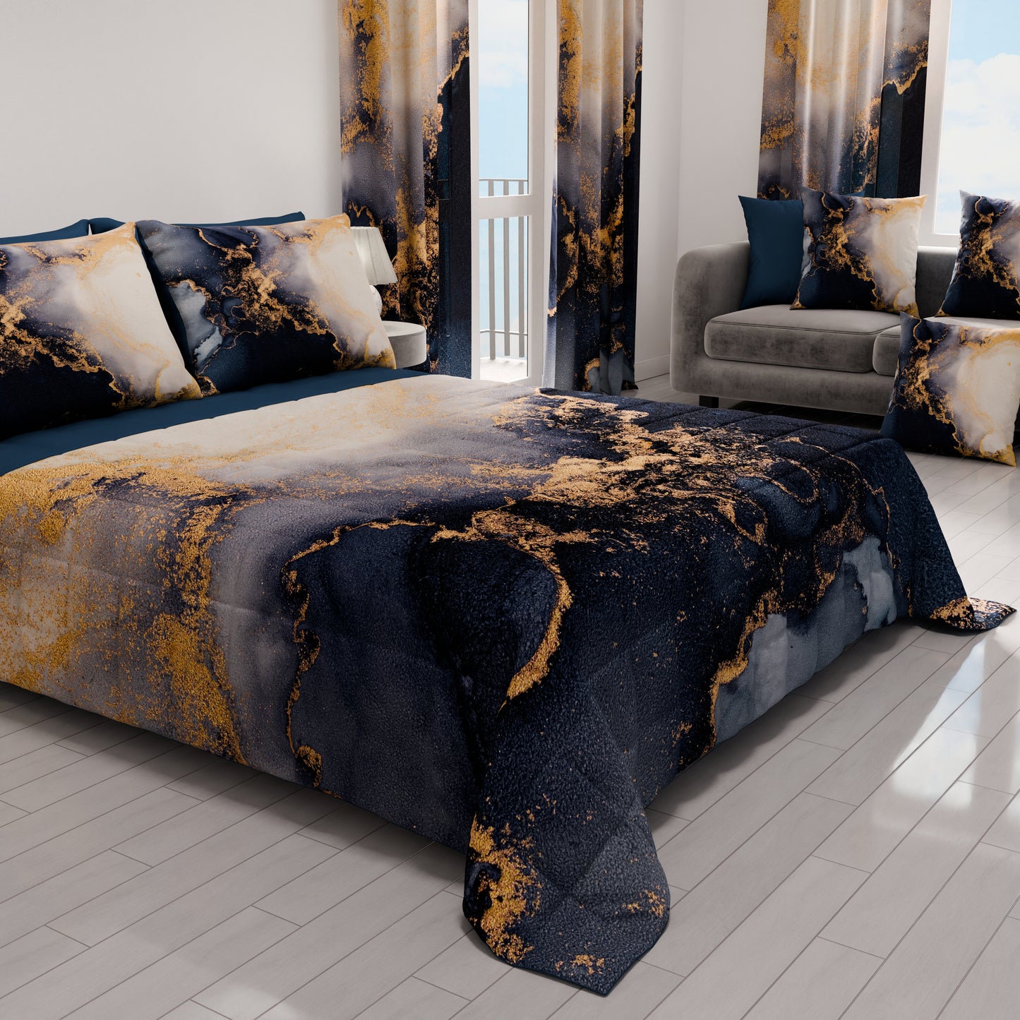 Spring Autumn Bedspread Quilt in Marble Blue Digital Print
