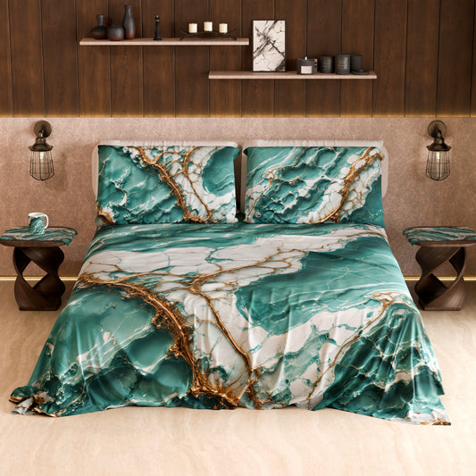 Drap de lit et taies élégants effet marbre aquamarine - AQUATIQUE