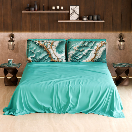 Drap de lit et taies élégants effet marbre aquamarine - AQUATIQUE