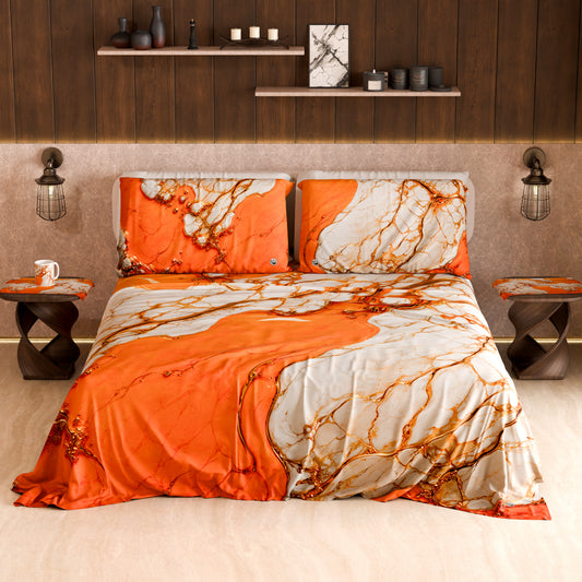 Drap housse, dessus de lit et taies d'oreiller élégants effet marbre orange - AURANGE