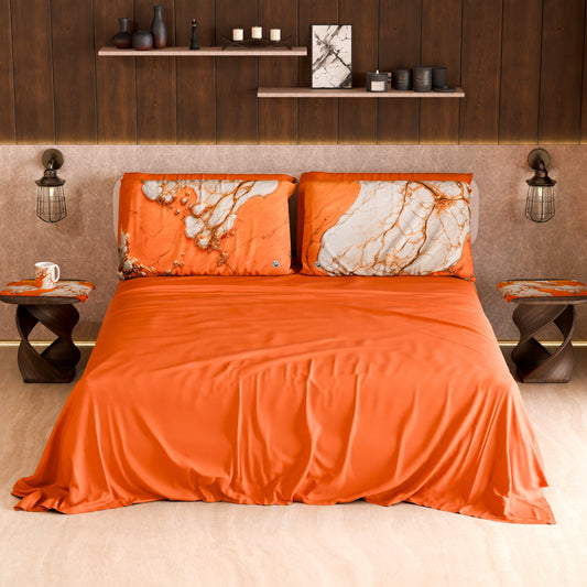 Drap housse, dessus de lit et taies d'oreiller élégants effet marbre orange - AURANGE
