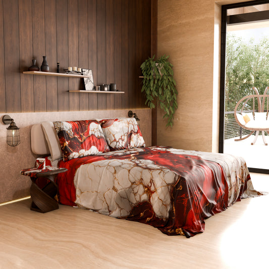 Drap housse, dessus de lit et taies d'oreiller élégants effet marbre rouge - BLOODY