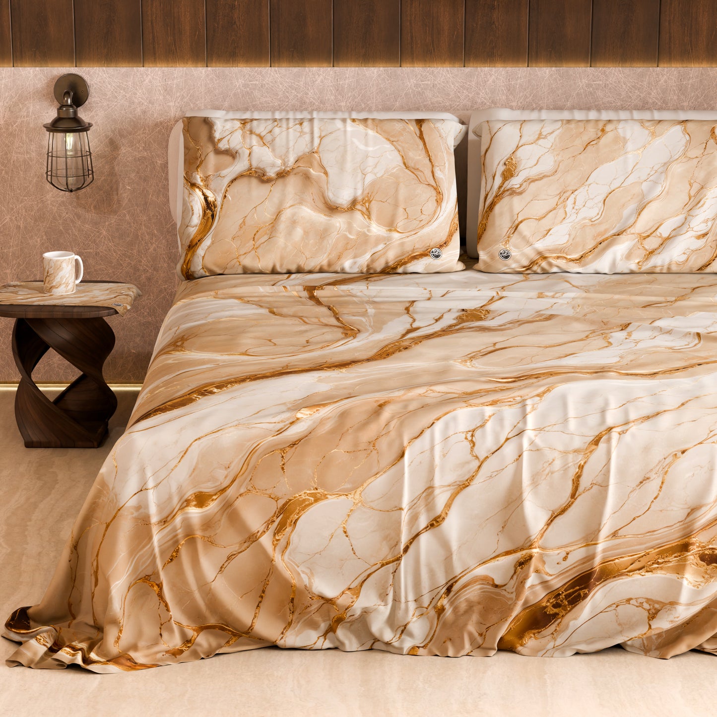 Lenzuolo Copriletto e Federe Eleganti Effetto Marmo Beige - DORACREAM