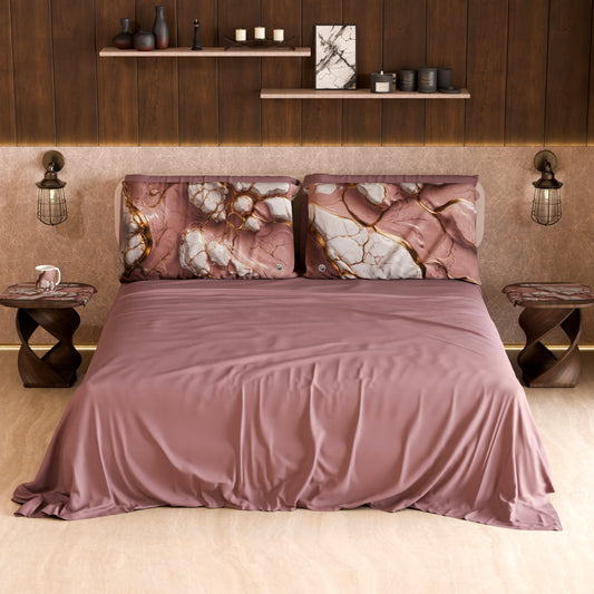 Drap housse, dessus de lit et taies d'oreiller élégants effet marbre mauve - MAUVELUXE