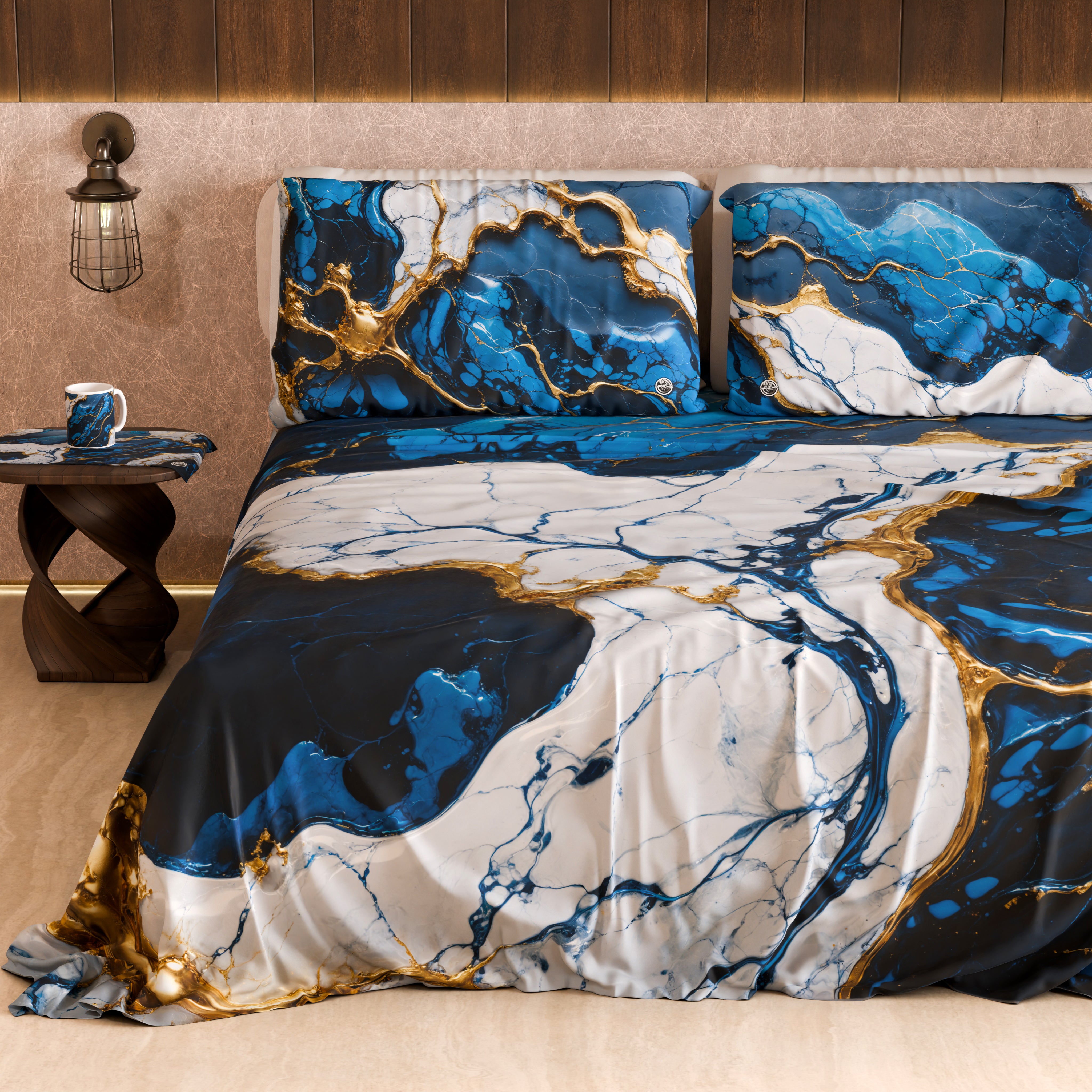 PETTI Lenzuolo Copriletto e Federe Eleganti Effetto Marmo Blu Notte - NAVYGLO