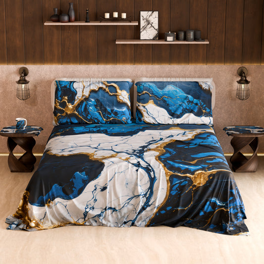 Drap housse, dessus de lit et taies d'oreiller élégants effet marbre bleu nuit - NAVYGLO