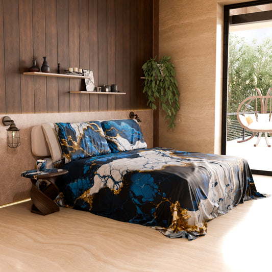 Drap housse, dessus de lit et taies d'oreiller élégants effet marbre bleu nuit - NAVYGLO
