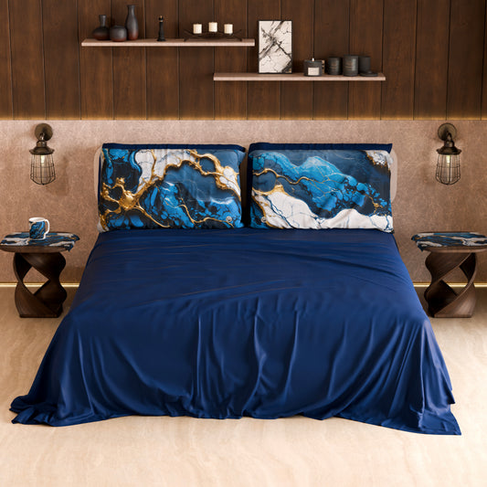Drap housse, dessus de lit et taies d'oreiller élégants effet marbre bleu nuit - NAVYGLO