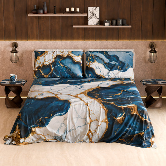 Drap housse, dessus de lit et taies d'oreiller élégants effet marbre bleu océan - OCEAGLINT