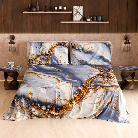 Drap housse, dessus de lit et taies d'oreiller élégants effet marbre indigo - PERIWINKY