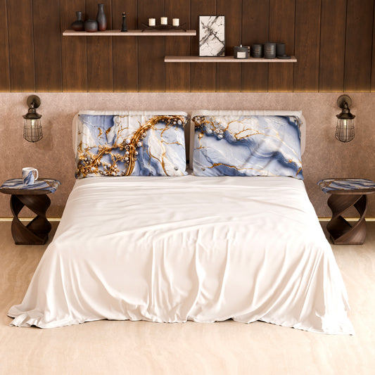 Drap housse, dessus de lit et taies d'oreiller élégants effet marbre indigo - PERIWINKY