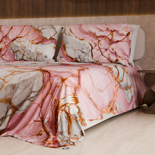 Drap housse, dessus de lit et taies d'oreiller élégants effet marbre rose - PINKERELLE