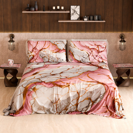 Drap housse, dessus de lit et taies d'oreiller élégants effet marbre rose - PINKERELLE