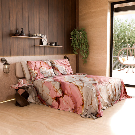 Drap housse, dessus de lit et taies d'oreiller élégants effet marbre rose - PINKERELLE