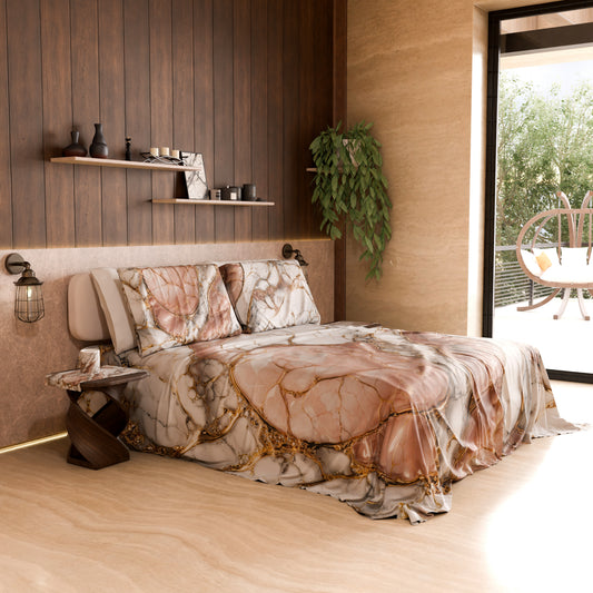 Drap housse, dessus de lit et taies d'oreiller élégants effet marbre poudre - ROSELITHE