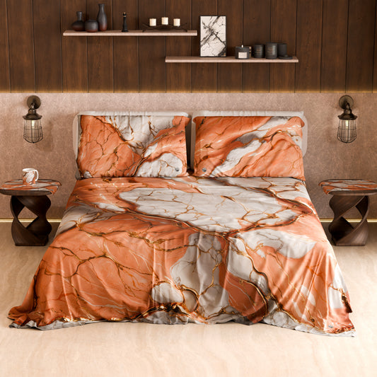 Drap housse, dessus de lit et taies d'oreiller élégants effet marbre saumon - ROSESALM