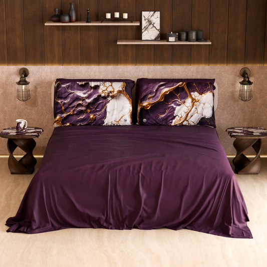 Drap housse, dessus de lit et taies d'oreiller élégants effet marbre violet - VIOLETRIC