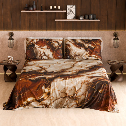 Drap housse, dessus de lit et taies d'oreiller élégants effet marbre marron - MOCHACCINO