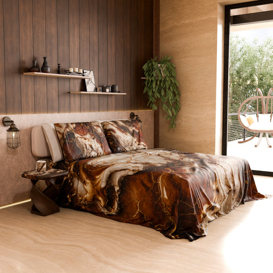 Drap housse, dessus de lit et taies d'oreiller élégants effet marbre marron - MOCHACCINO