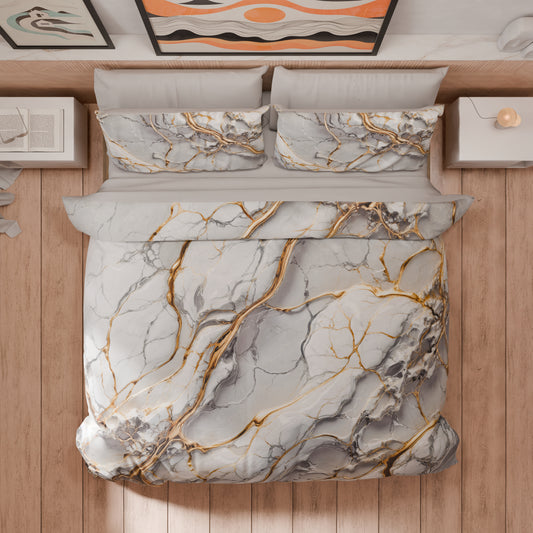Housse de Couette Double, Simple, 1 Place et Demie, Effet Marbre Gris Clair