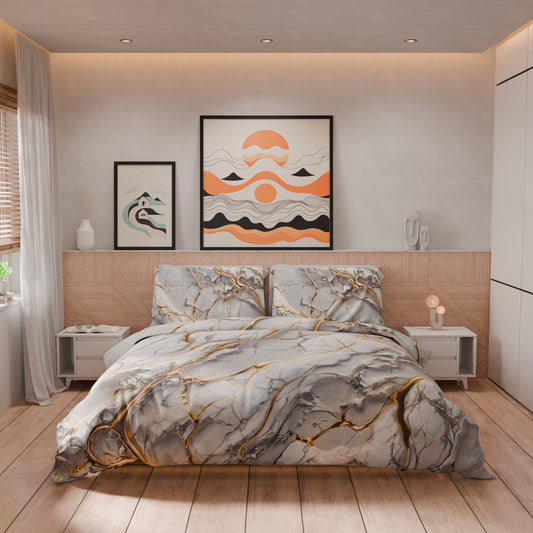 Housse de Couette Double, Simple, 1 Place et Demie, Effet Marbre Gris Clair