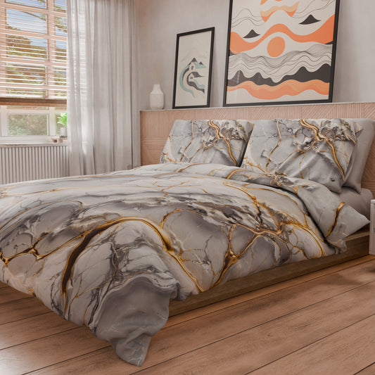 Housse de Couette Double, Simple, 1 Place et Demie, Effet Marbre Gris Clair