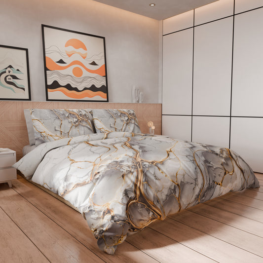 Housse de Couette Double, Simple, 1 Place et Demie, Effet Marbre Gris Clair