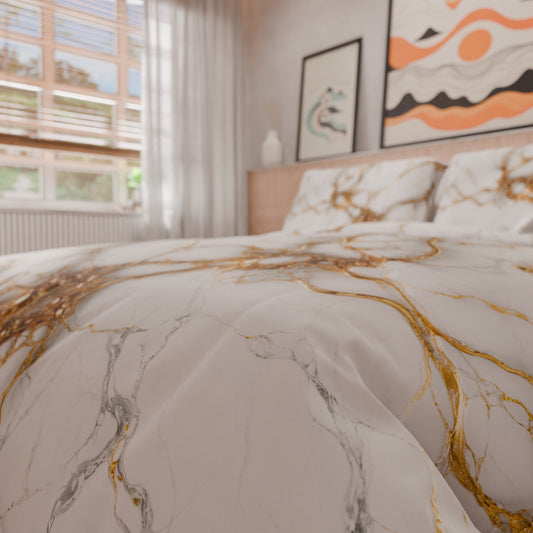 Housse de Couette Double, Simple, 1 Place et Demie, Effet Marbre Blanc