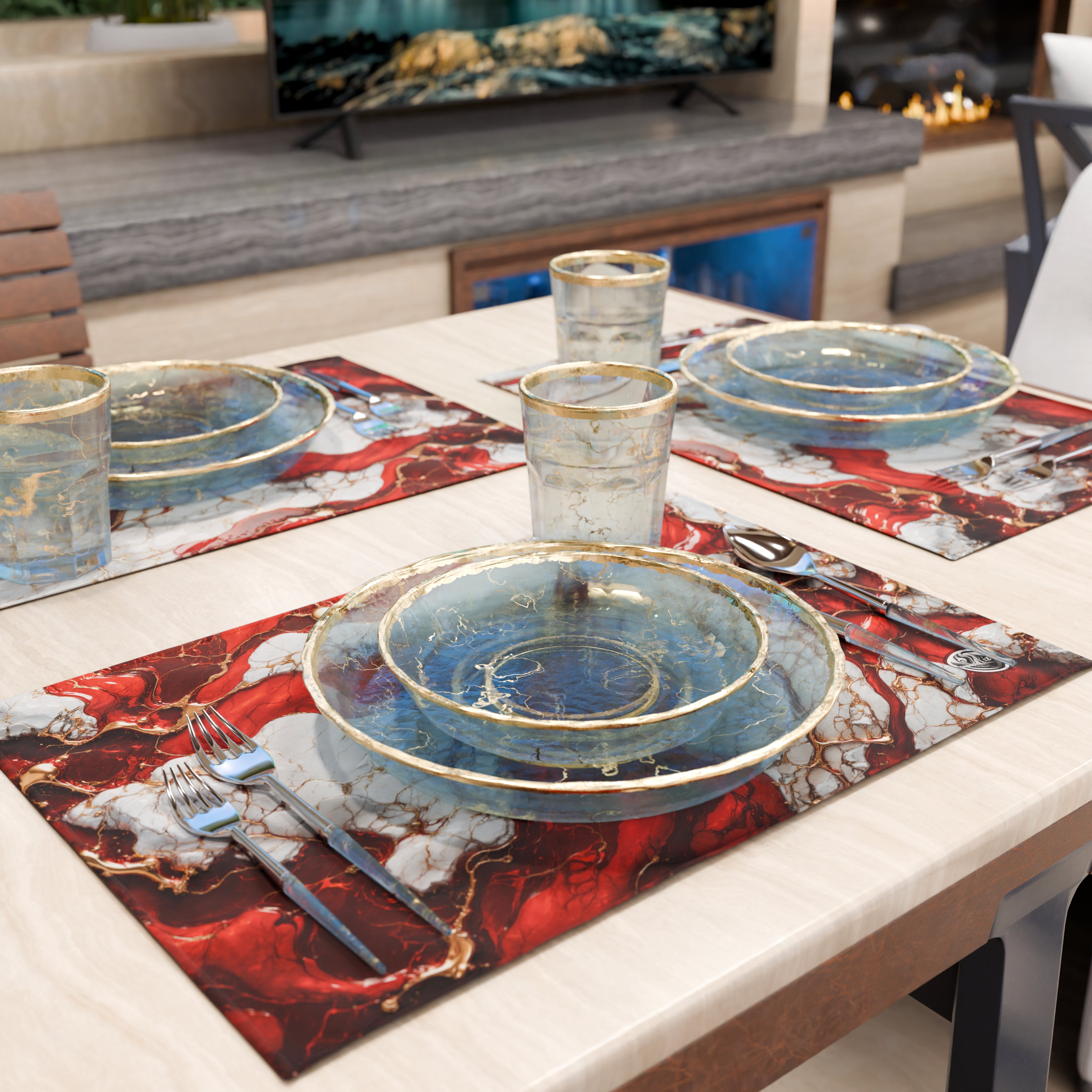 Set 4 Tovagliette In Marmo Blu E Oro - Antiscivolo E Lavabili In Lavatrice