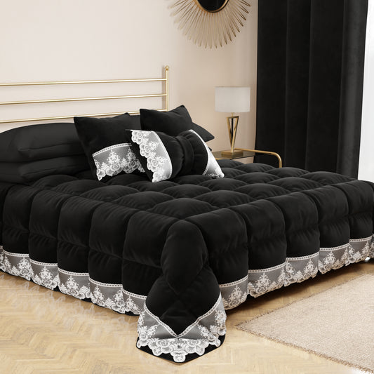 Coussins décoratifs en velours avec volant et dentelle rebrodée 2pcs, coussins de canapé noir par Sissy