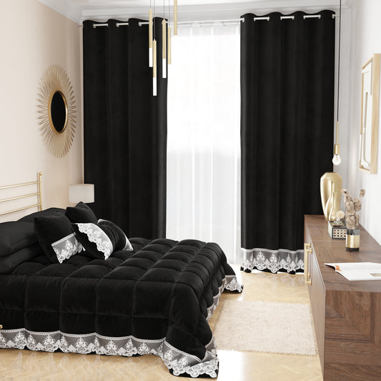 Rideau panneau en velours pour intérieur avec anneaux et dentelle rebrodée, 140x280 cm, noir par Sissy