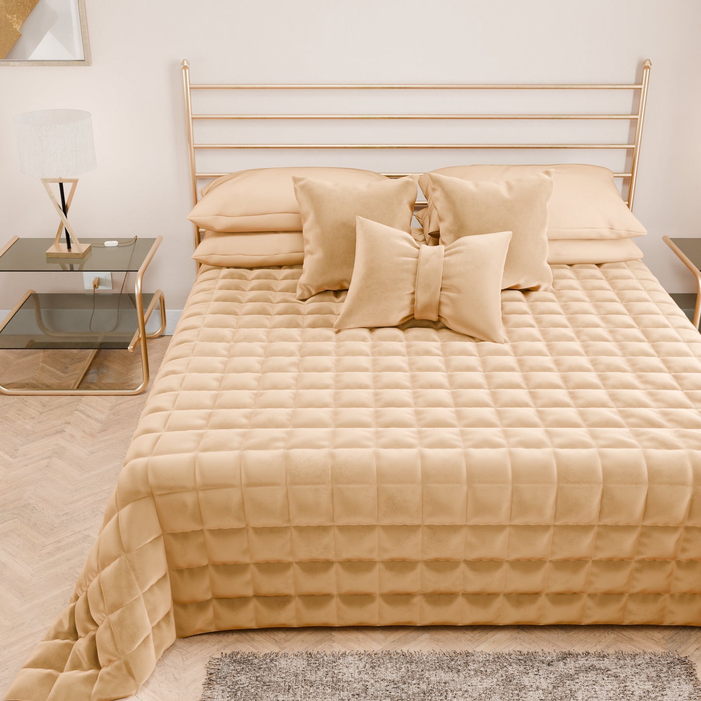 Courtepointe unie en velours or + Draps assortis et taie d'oreiller numérique