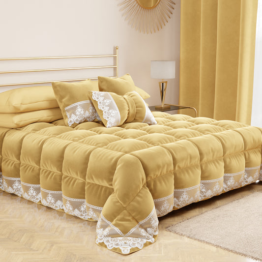Cuscino Arredo Fiocco in Velluto e Balza con Pizzo Rebrodè 40x50 cm, Cuscino divano Oro By Sissy
