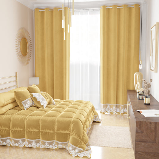Rideau panneau en velours pour intérieur avec anneaux et dentelle rebrodée, 140x280 cm, or par Sissy