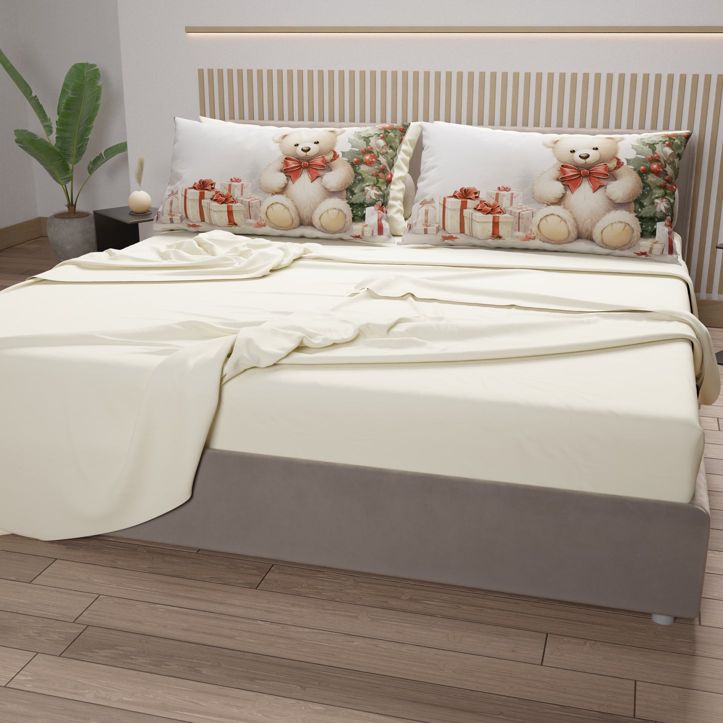 Lenzuola Natalizie in Cotone, Completo Letto con Federe in Stampa Digitale Orsetto 01