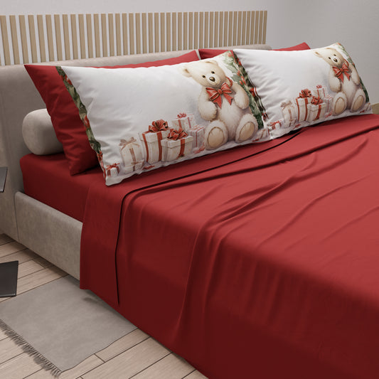 Lenzuola Natalizie in Cotone, Completo Letto con Federe in Stampa Digitale Orsetto 01