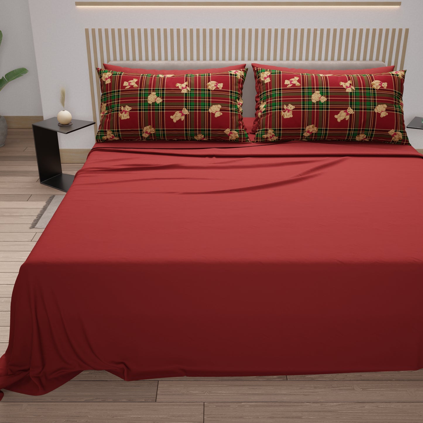 Lenzuola Natalizie in Cotone, Completo Letto con Federe in Stampa Digitale Orsetto Tartan