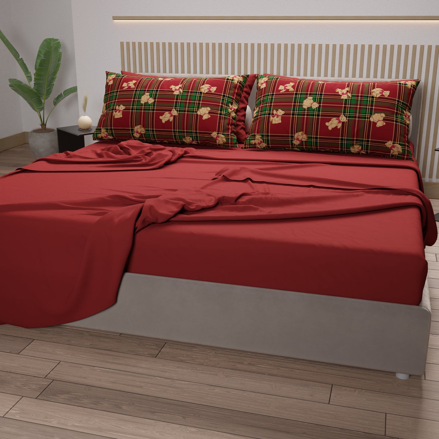 Lenzuola Natalizie in Cotone, Completo Letto con Federe in Stampa Digitale Orsetto Tartan