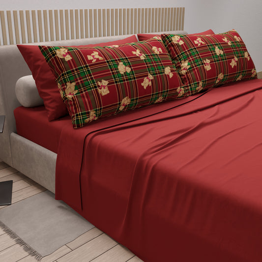 Lenzuola Natalizie in Cotone, Completo Letto con Federe in Stampa Digitale Orsetto Tartan