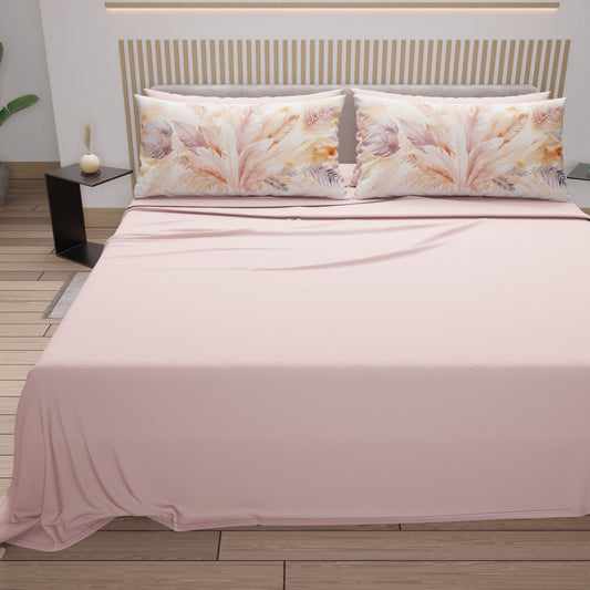 Lenzuola in Cotone, Completo Letto con Federe in Stampa Digitale Palmwater Cipria