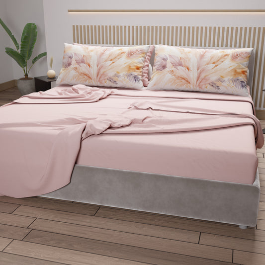 Lenzuola in Cotone, Completo Letto con Federe in Stampa Digitale Palmwater Cipria