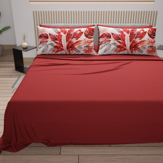 Lenzuola in Cotone, Completo Letto con Federe in Stampa Digitale Palmwater Rosso