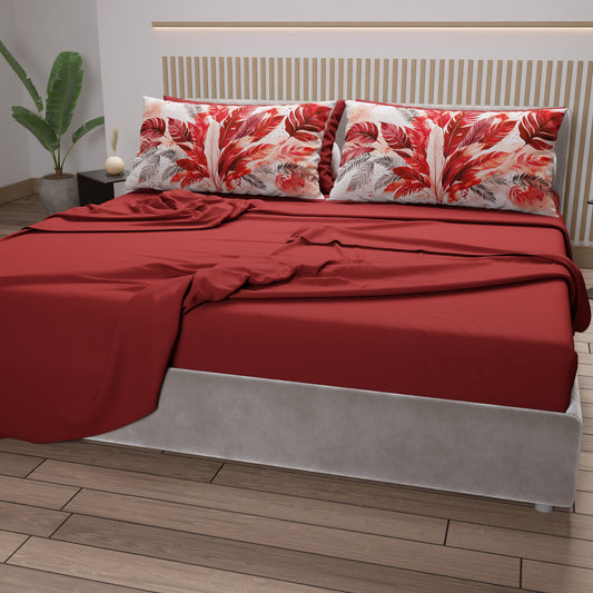 Lenzuola in Cotone, Completo Letto con Federe in Stampa Digitale Palmwater Rosso