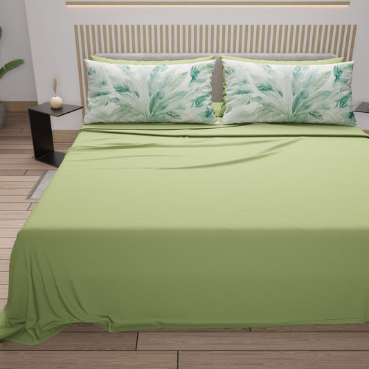 Lenzuola in Cotone, Completo Letto con Federe in Stampa Digitale Palmwater Salvia