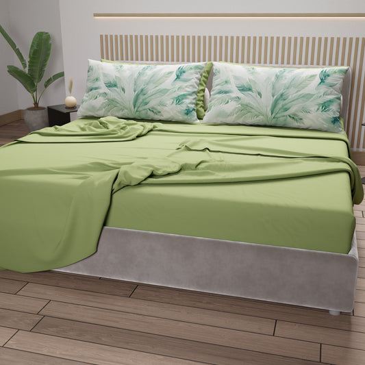 Lenzuola in Cotone, Completo Letto con Federe in Stampa Digitale Palmwater Salvia
