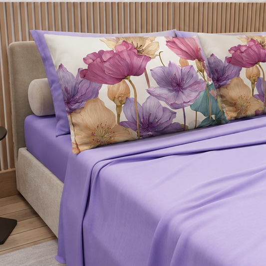 Lenzuola in Cotone, Completo Letto con Federe in Stampa Digitale Petalo 26 Lilla.